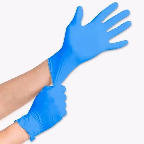 Guante de nitrilo para examen de polvo de protección estéril de nitrilo azul de látex para examen de trabajo de goma de vinilo desechable